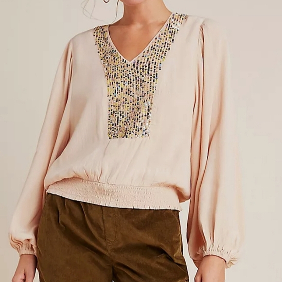 Maeve Top Small Kristie Sequined Peasant‎ Smocked Balloon Sleeve Anthropologie - Picture 1 of 14